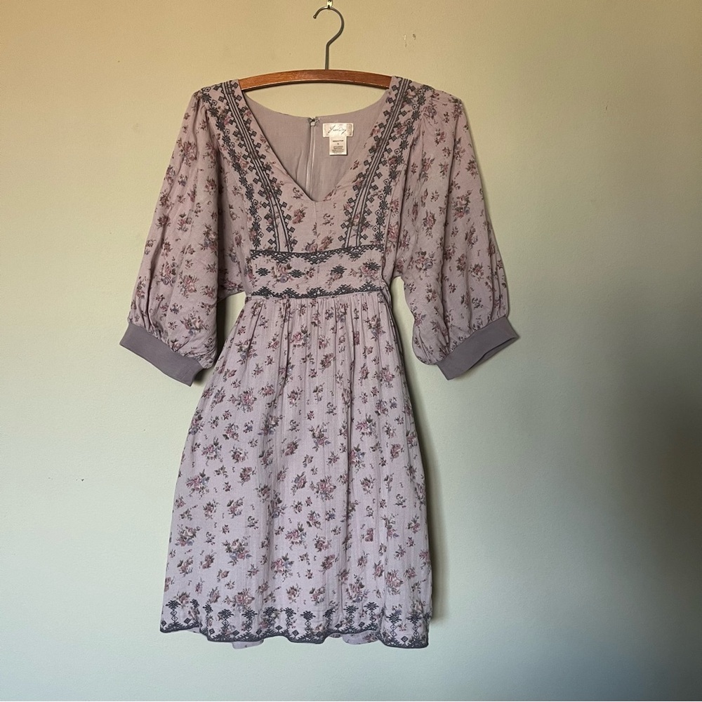 Freeway Embroidered 100% Cotton Peasant Dress Lavender Gray, Size S